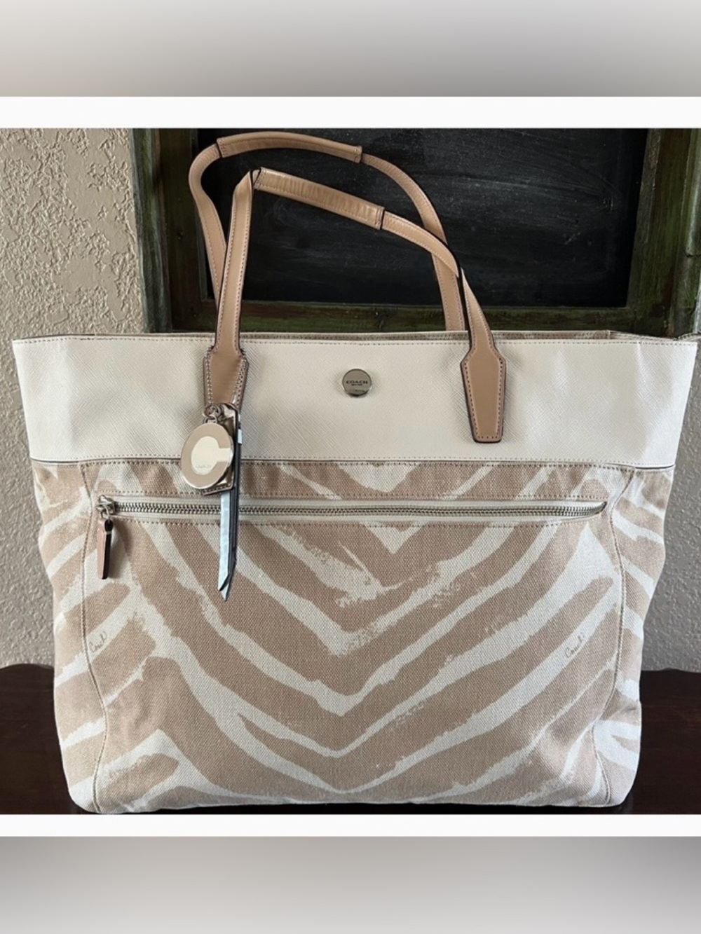 Coach Chalk and Beige Zebra-Print Canvas Tote